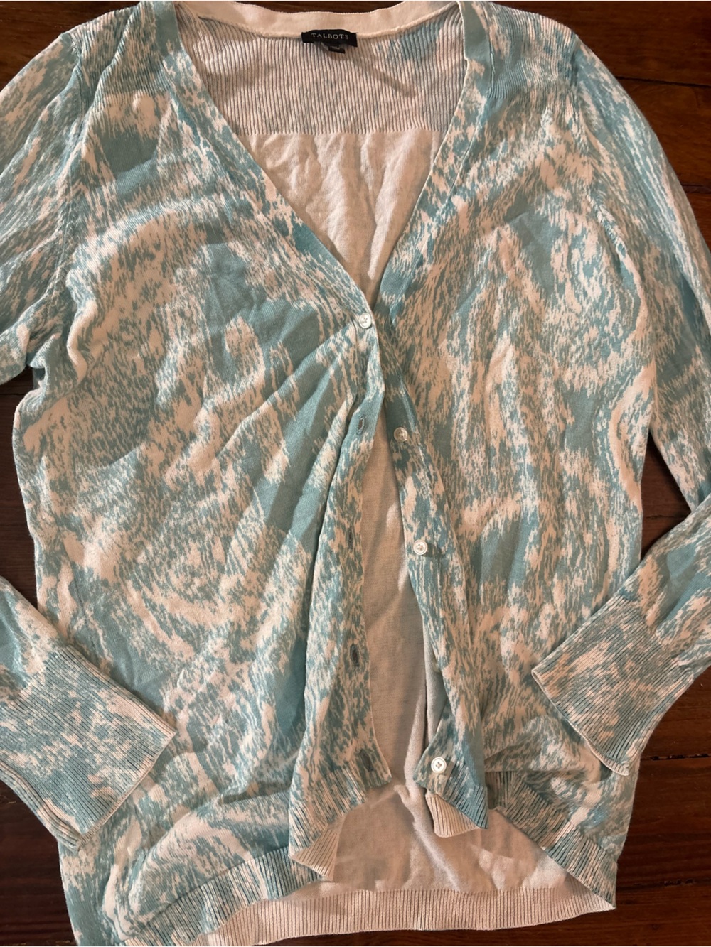 Talbots blue white teal patterned button up cardigan sweater size M - Picture 2 of 4